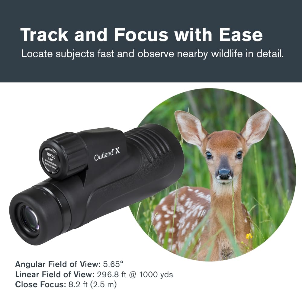 Celestron Outland X 10x50 monocular waterproof and nitrogen-purged for fog-free viewing.