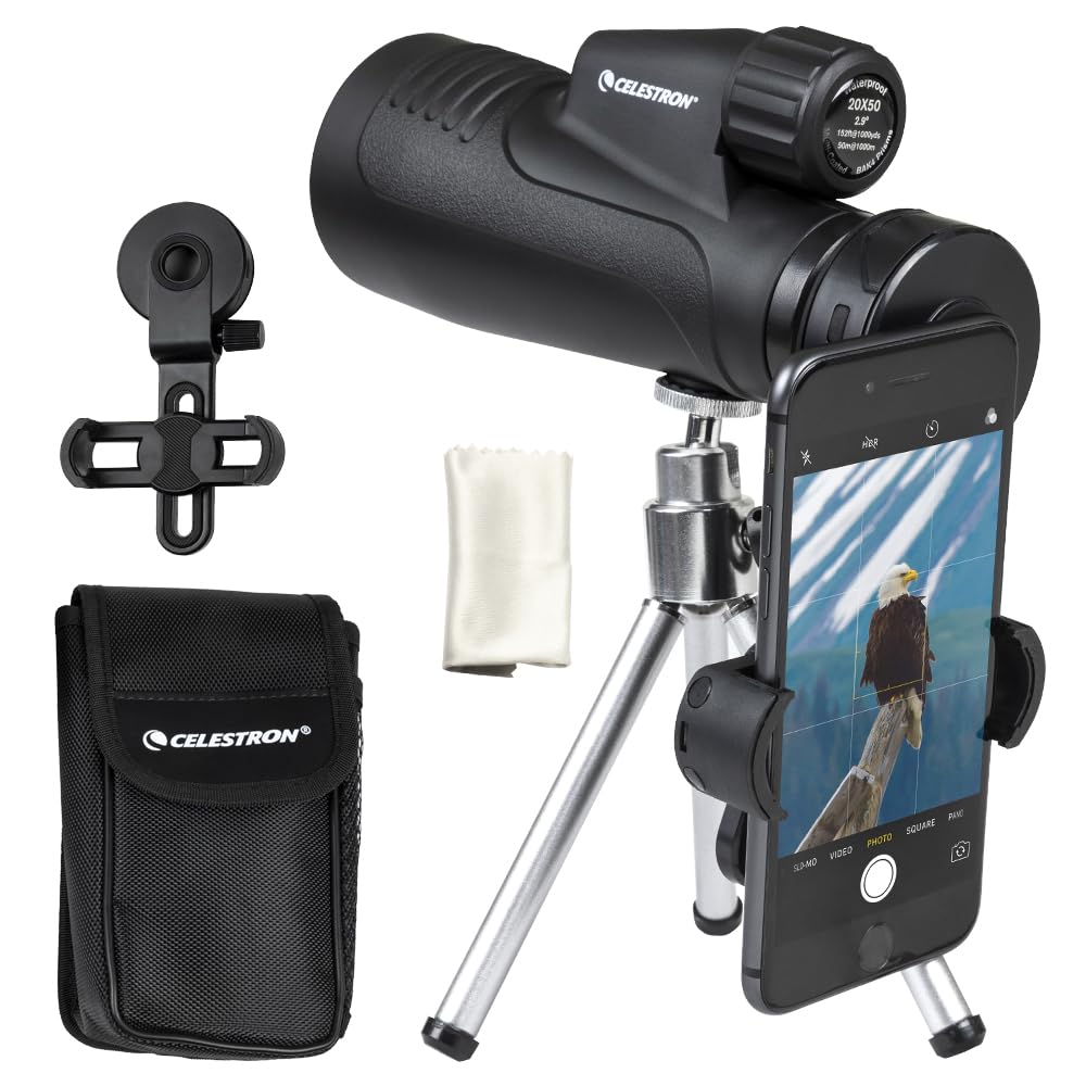 Celestron Outland X monocular front view with rugged rubber armor for outdoor use.