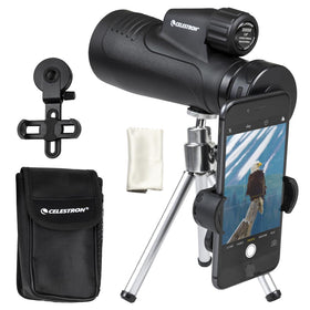 Celestron Outland X monocular front view with rugged rubber armor for outdoor use.