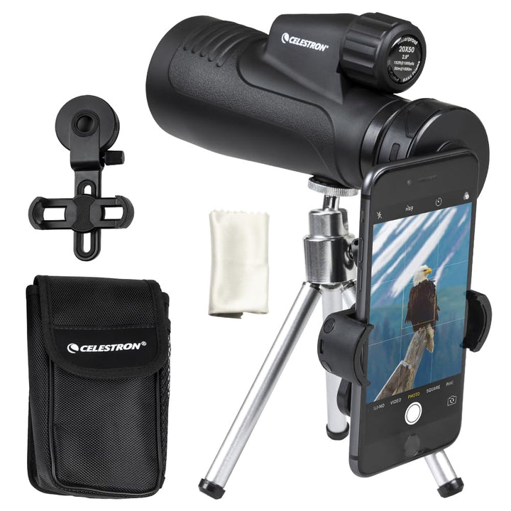 Celestron Outland X monocular front view with rugged rubber armor for outdoor use.