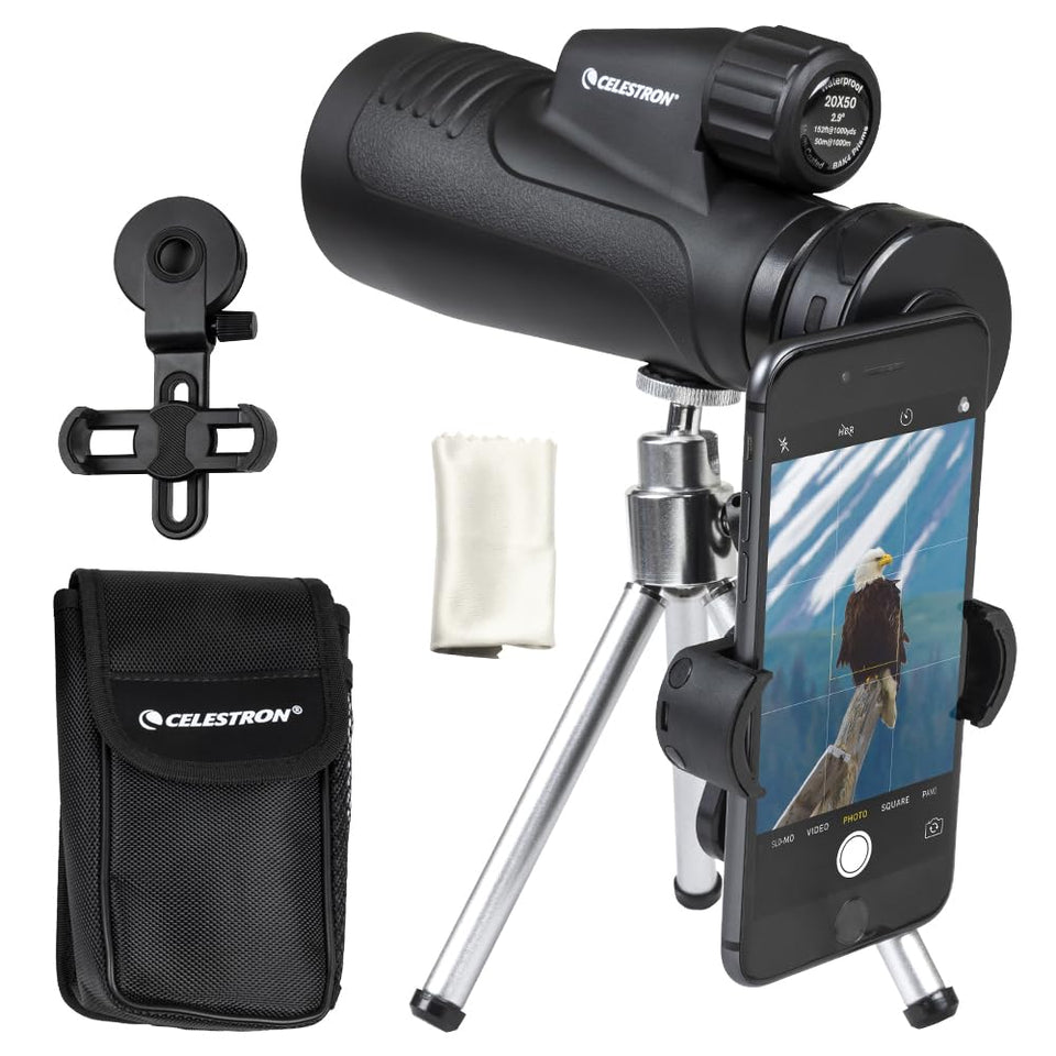 Celestron Outland X monocular front view with rugged rubber armor for outdoor use.