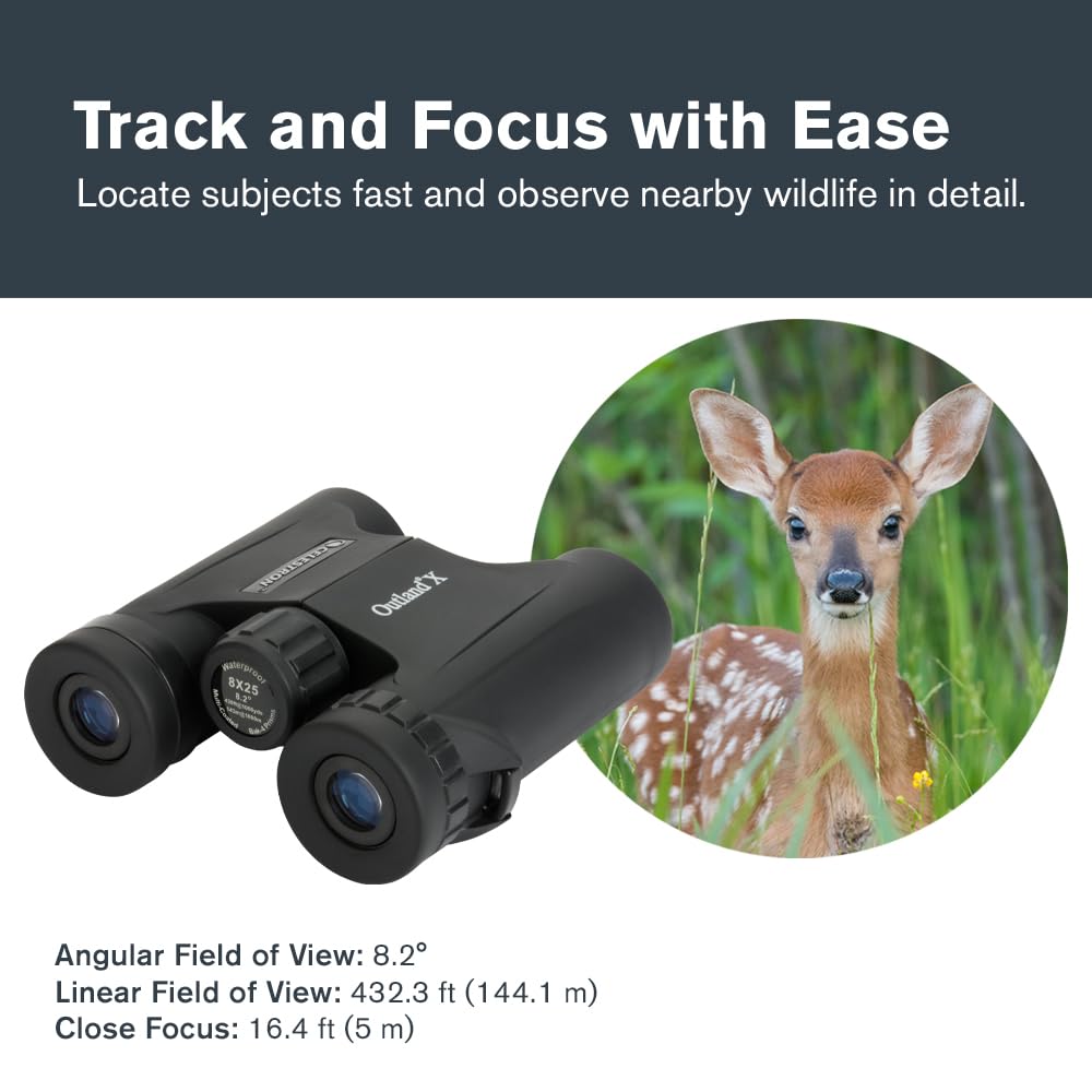 Celestron Outland X 8x25 binoculars rugged rubber-armored housing with secure grip