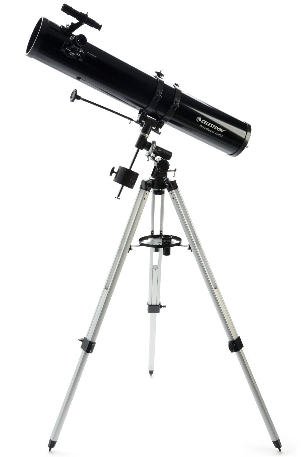 Celestron PowerSeeker 114EQ front view shows a beginner-friendly setup.