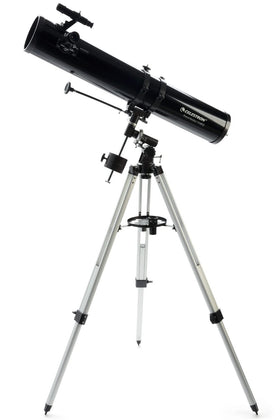 Celestron PowerSeeker 114EQ front view shows a beginner-friendly setup.