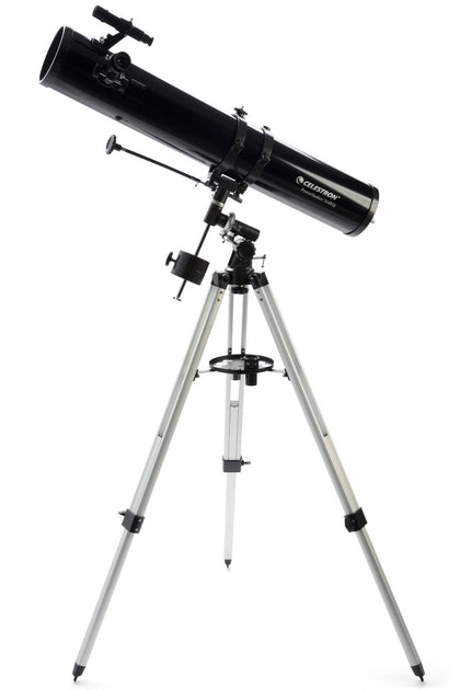 Celestron PowerSeeker 114EQ front view shows a beginner-friendly setup.
