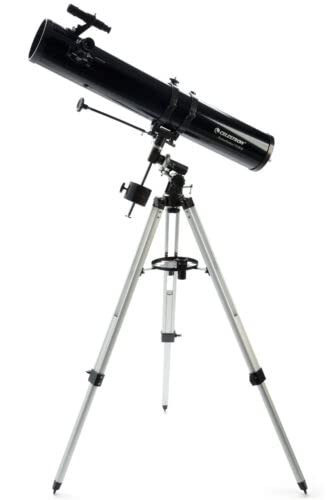 Celestron PowerSeeker 114EQ mounted on tripod enables smooth tracking for beginners.