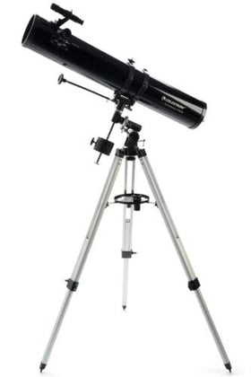 Celestron PowerSeeker 114EQ mounted on tripod enables smooth tracking for beginners.