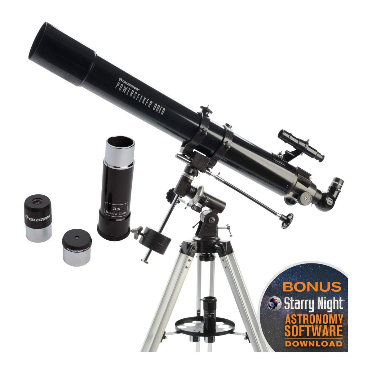 Compact, portable PowerSeeker 80EQ ready for backyard or dark-sky trips