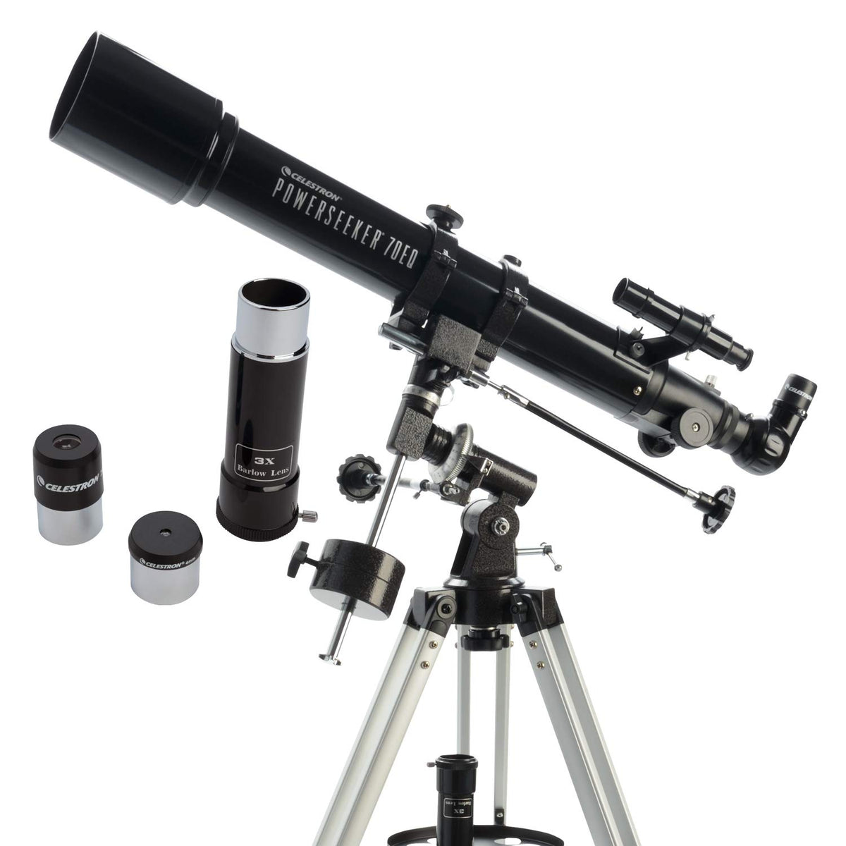 PowerSeeker 70EQ telescope on a sturdy mount ready for beginner stargazing.
