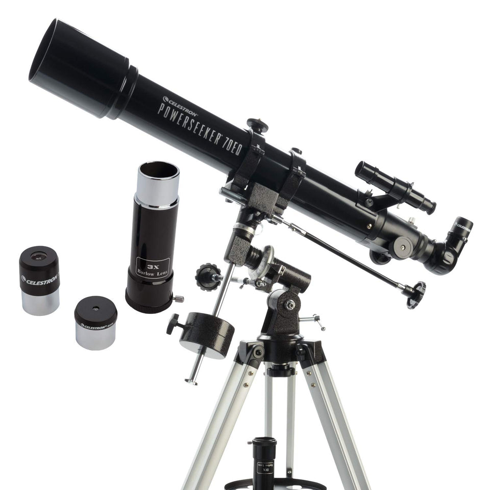 PowerSeeker 70EQ telescope on a sturdy mount ready for beginner stargazing.