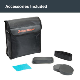 Celestron SkyMaster accessories including case, lens cloth, and rainguard.