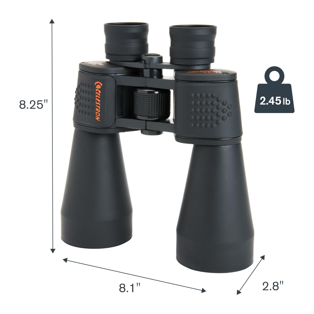 Celestron SkyMaster rubber-armored body built for weather resistance and rugged use.