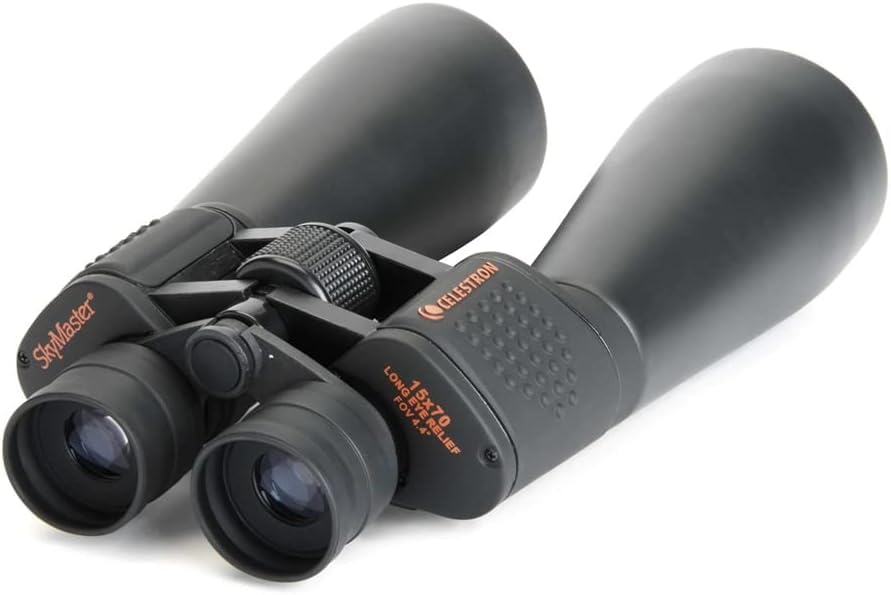 Celestron SkyMaster 15x70 mounted on a tripod for stable long-range viewing.
