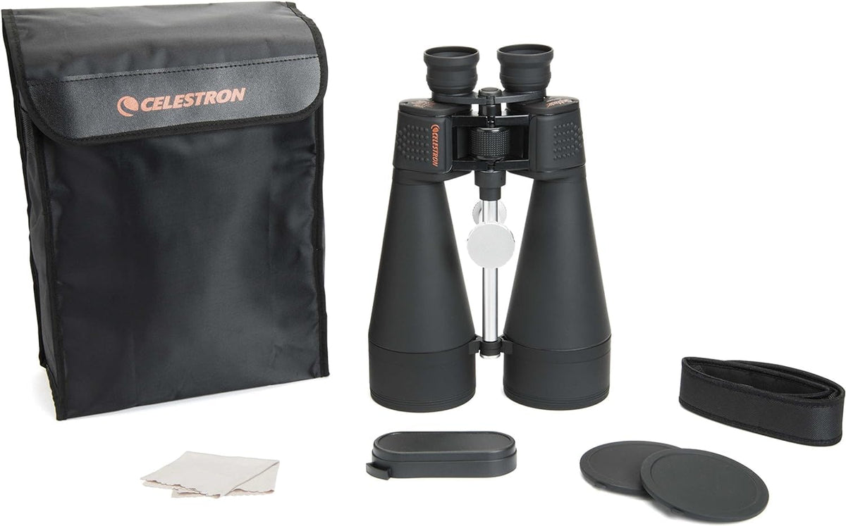 Fold-down eyecups on Celestron SkyMaster allow comfortable viewing with glasses.