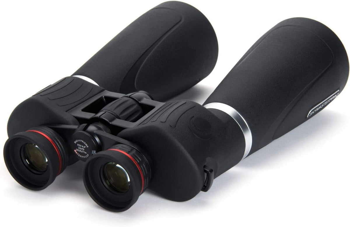 Celestron SkyMaster Pro 15x70 side view highlighting rugged build and weatherproof design.