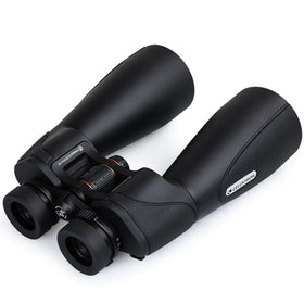 Celestron SkyMaster Pro ED 15x70 binocular on tripod for stable viewing.