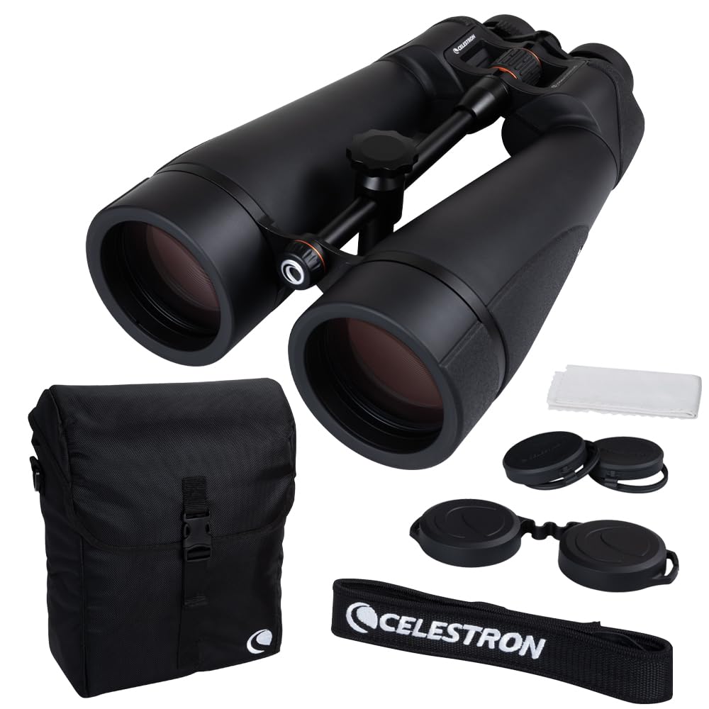 The Celestron SkyMaster Pro ED 20x80 binoculars, front view, provide bright, long-range viewing.