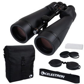The Celestron SkyMaster Pro ED 20x80 binoculars, front view, provide bright, long-range viewing.