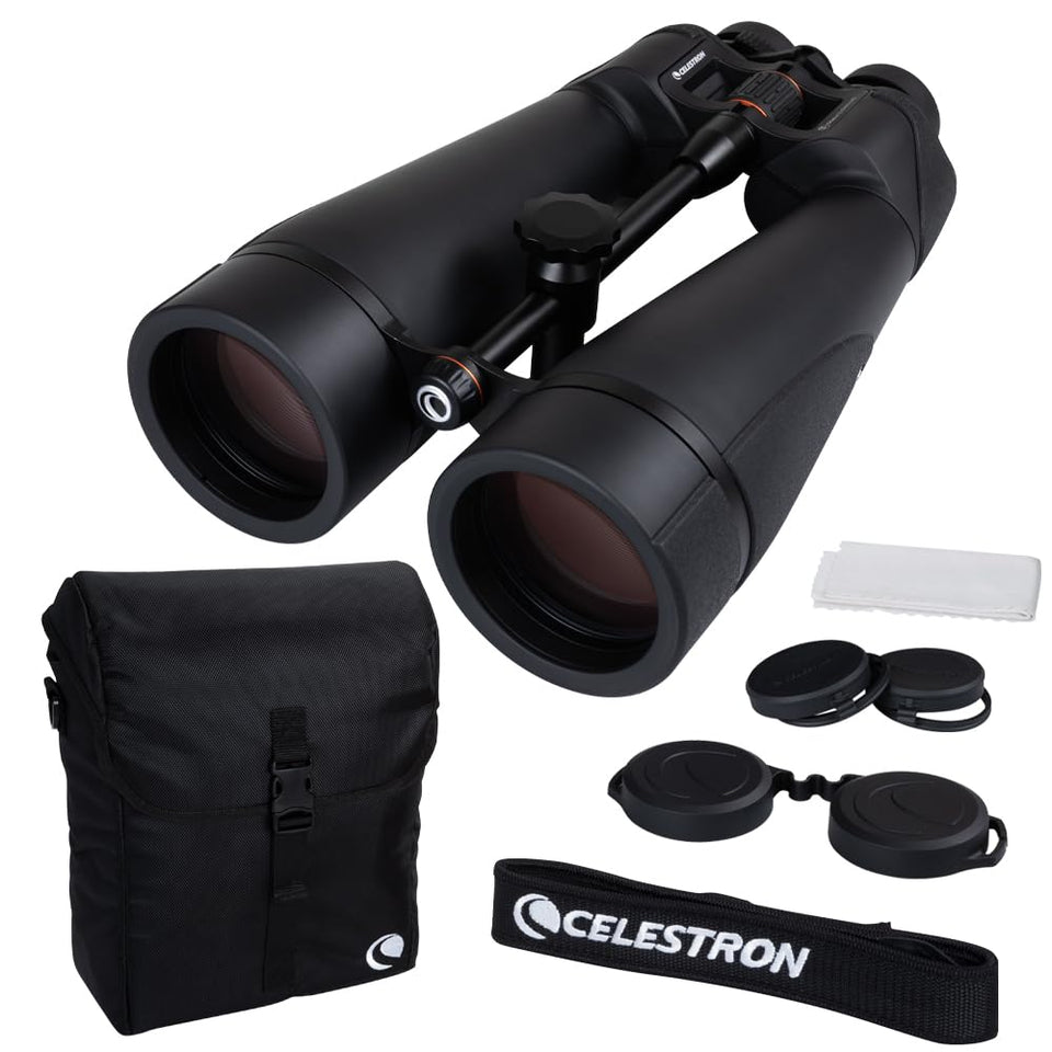 The Celestron SkyMaster Pro ED 20x80 binoculars, front view, provide bright, long-range viewing.