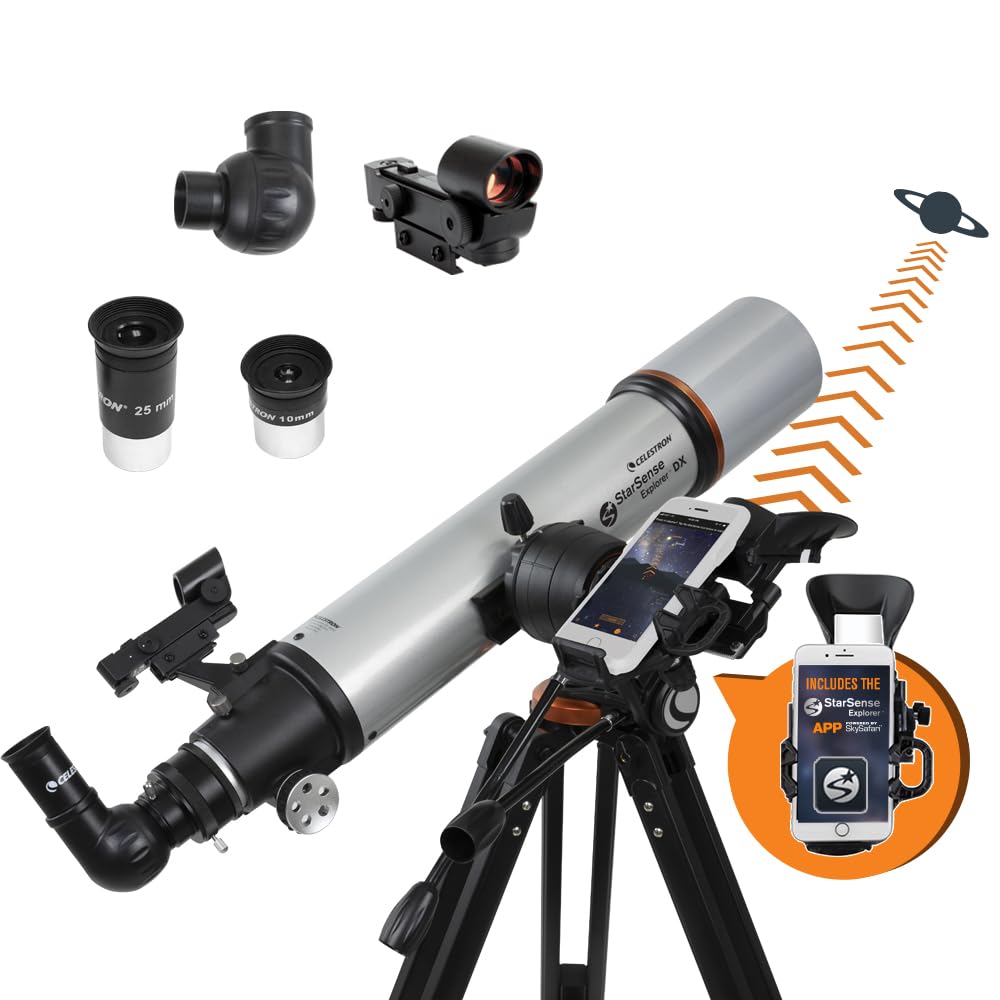 Celestron StarSense Explorer DX-102AZ docked smartphone guides beginners to stars and planets