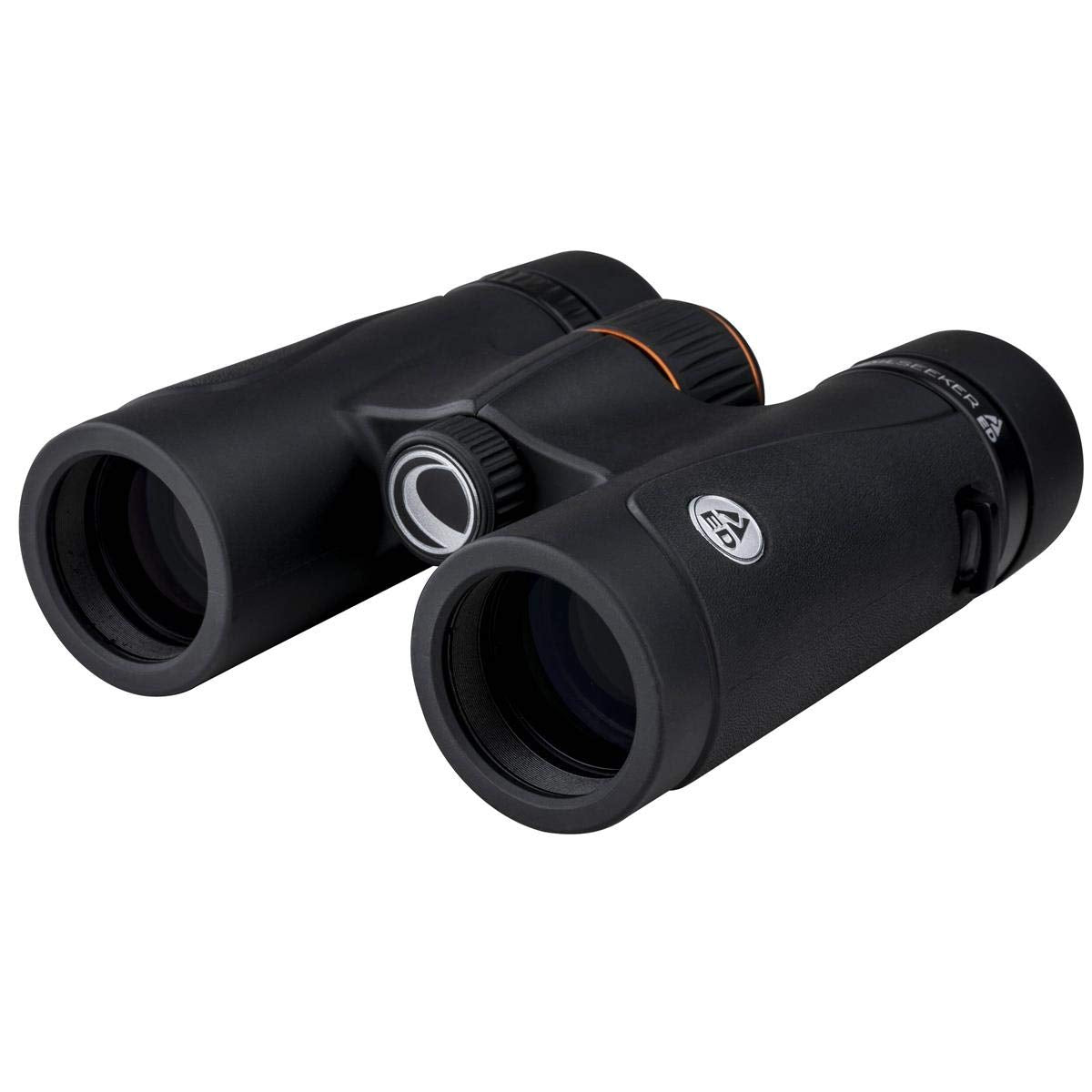 Celestron TrailSeeker ED 10x32 binocular front view highlights compact, portable design for outdoor viewing.