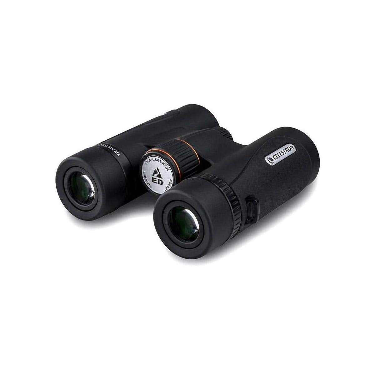 Celestron TrailSeeker ED 10x32 binocular side profile emphasizes ergonomic grip for all day use.