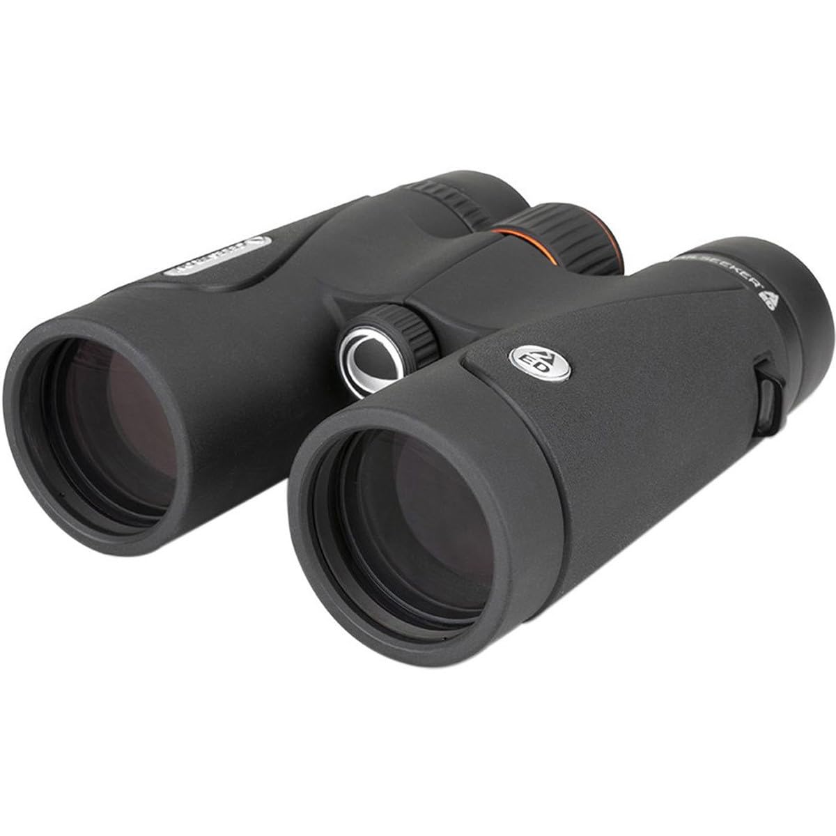 Celestron TrailSeeker ED 10x42 ED lenses close-up with high-contrast detail.