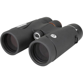 Celestron TrailSeeker ED 10x42 ED lenses close-up with high-contrast detail.