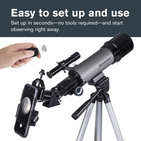 Celestron Travel Scope 60DX quick, no-tools setup on a camping table.