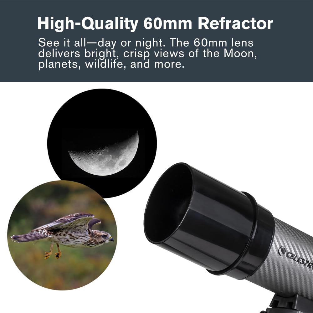 Celestron Travel Scope 60DX star diagonal for comfortable nighttime viewing.