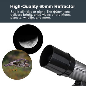 Celestron Travel Scope 60DX star diagonal for comfortable nighttime viewing.