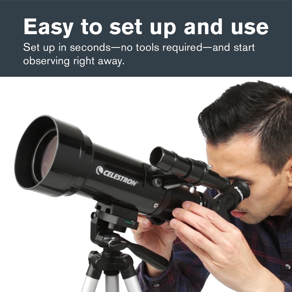 Celestron Travel Scope 70 on tripod provides steady, portable stargazing.