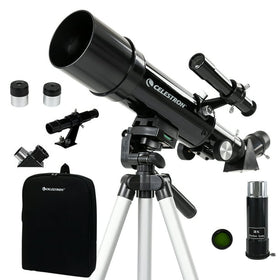 Celestron Travel Scope 60 front view showing compact refractor and lens caps, ideal portability