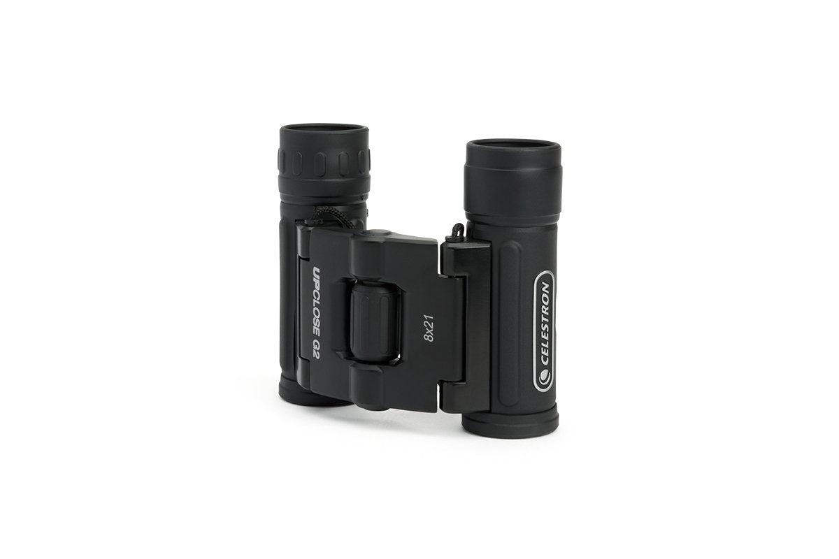 Celestron UpClose G2 8x21 binoculars, eyecups; comfortable for eyeglass wearers.