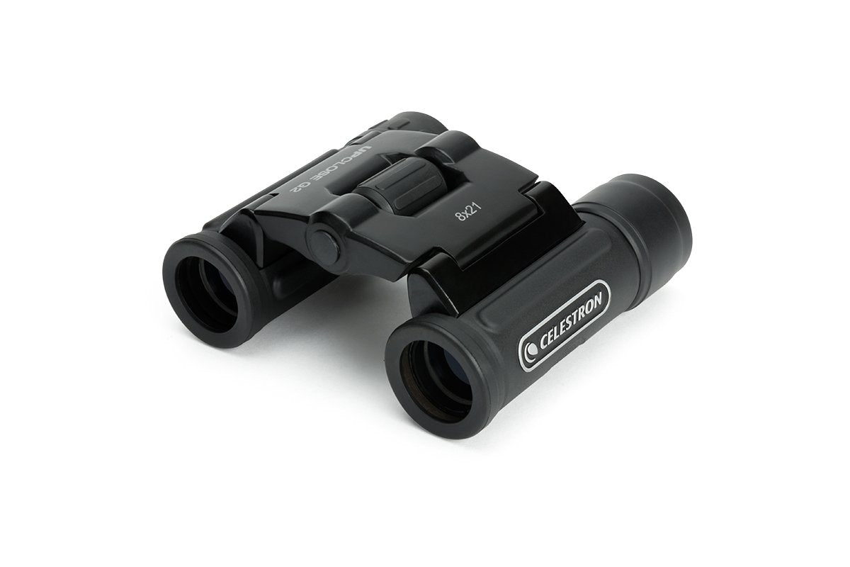 Celestron UpClose G2 8x21 binoculars, front view; compact travel companion with bright optics.