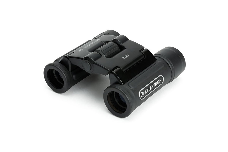 Celestron UpClose G2 8x21 binoculars, front view; compact travel companion with bright optics.