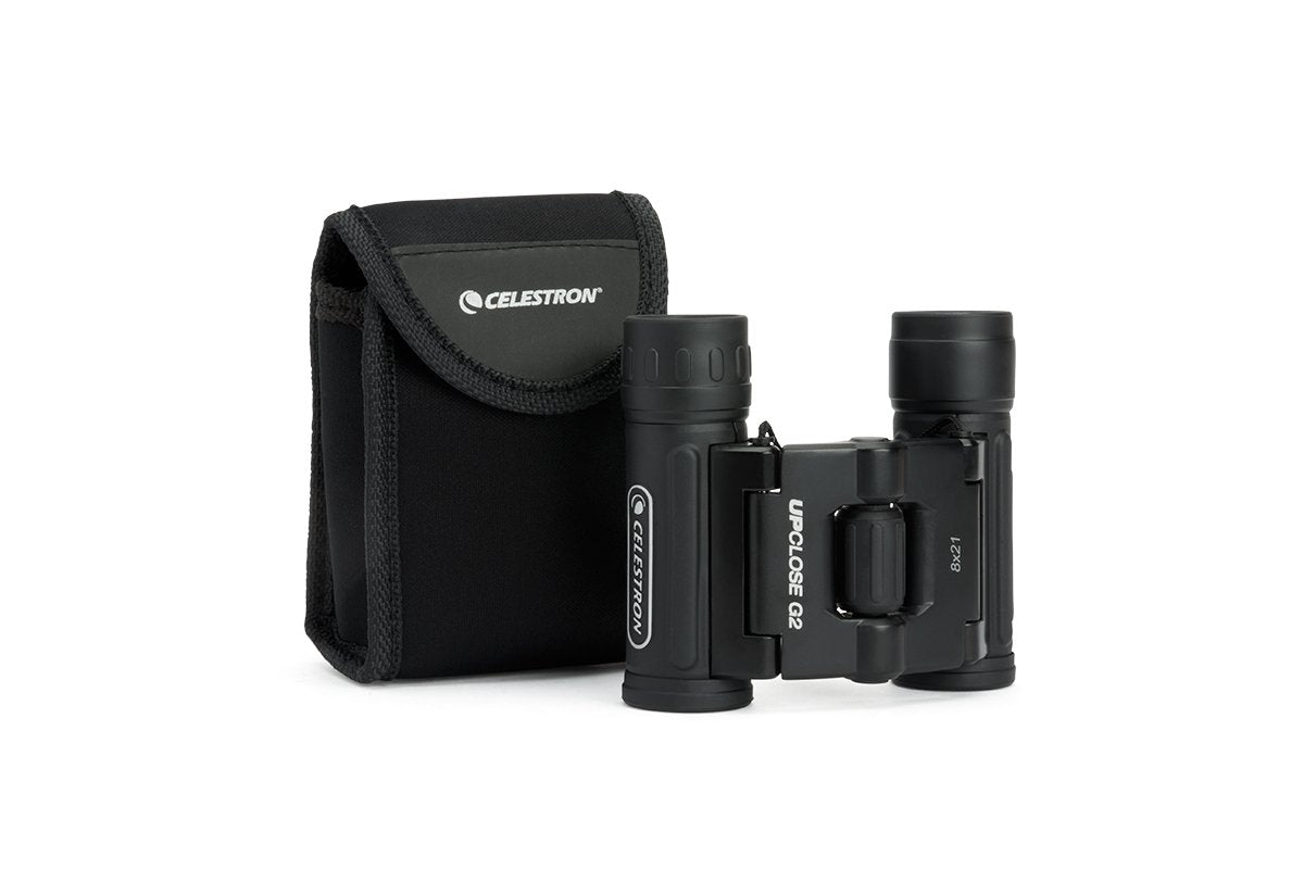 Celestron UpClose G2 8x21 binoculars, soft-case included for easy transport.