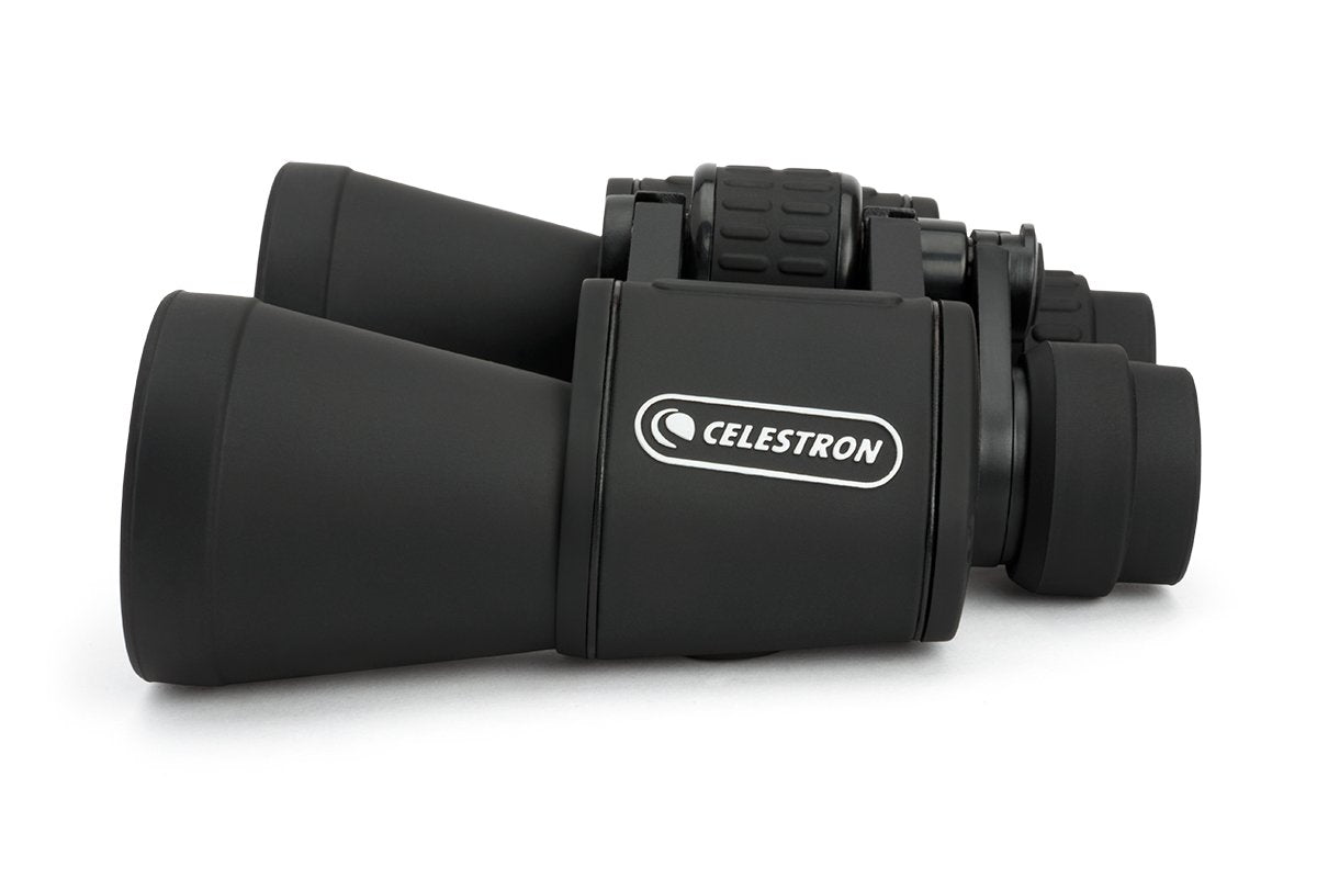 Fold-down eyecups and central focus wheel on Celestron for comfortable, accurate adjustments