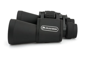 Fold-down eyecups and central focus wheel on Celestron for comfortable, accurate adjustments