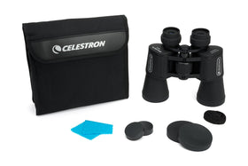 Celestron binoculars with carrying case and lens covers, ready for travel and protection