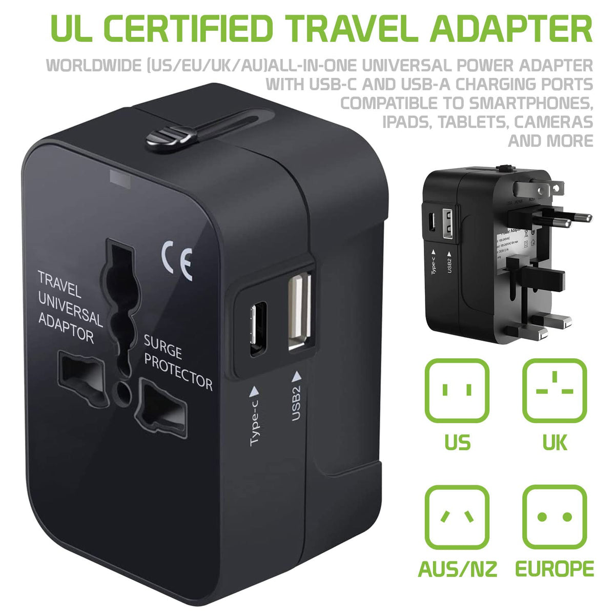 Cellet side view with interchangeable plug positions offering travel convenience