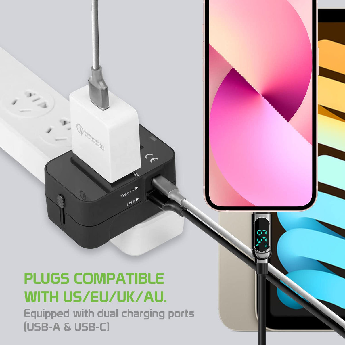 Cellet closeup of USB‑A and USB‑C ports enabling simultaneous device charging