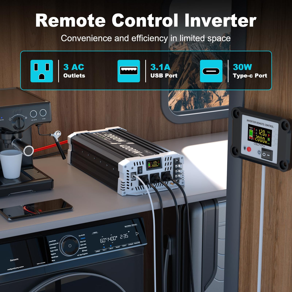 Back panel of CELYYPU inverter showing multiple connection ports