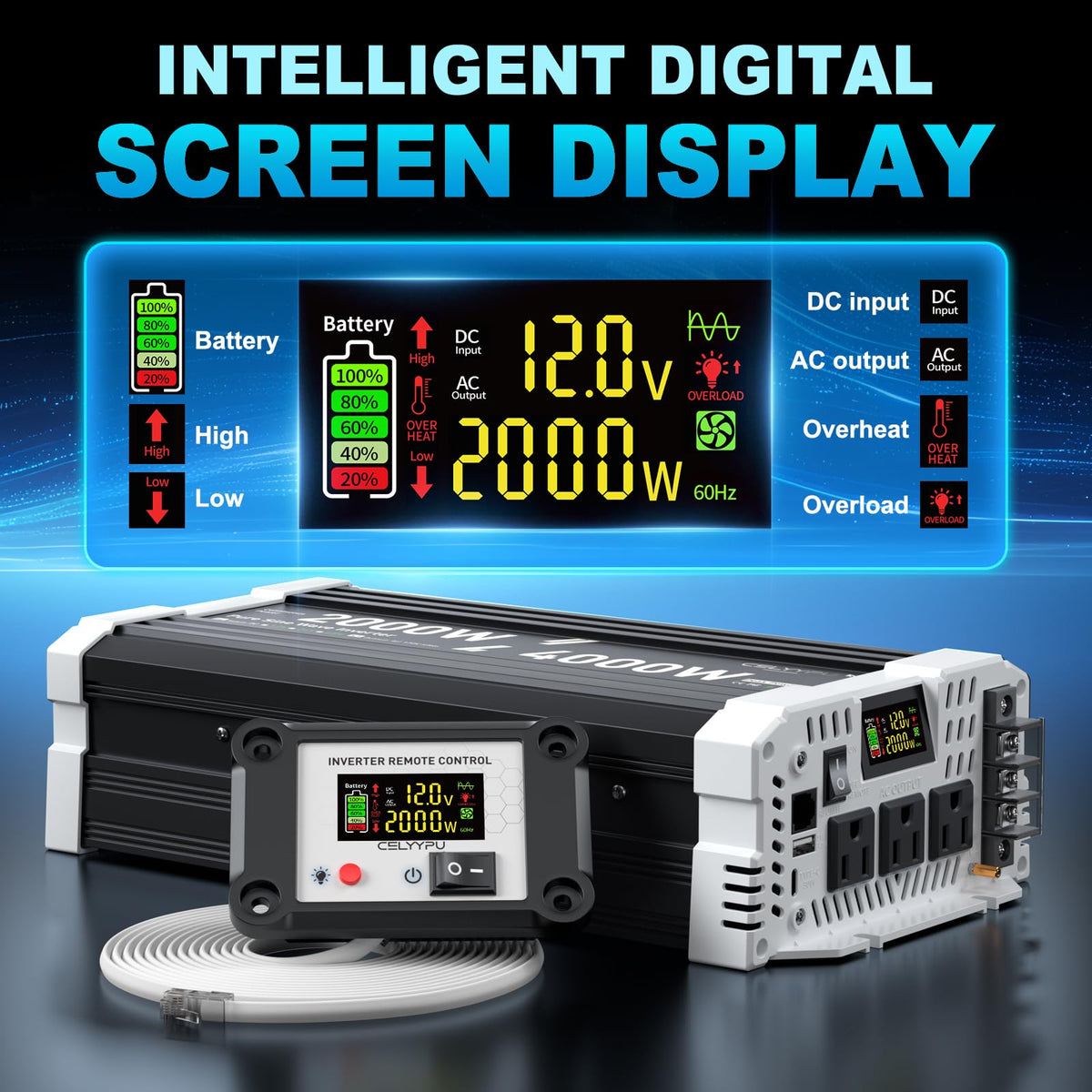 Bright LCD remote display on CELYYPU inverter for real-time monitoring