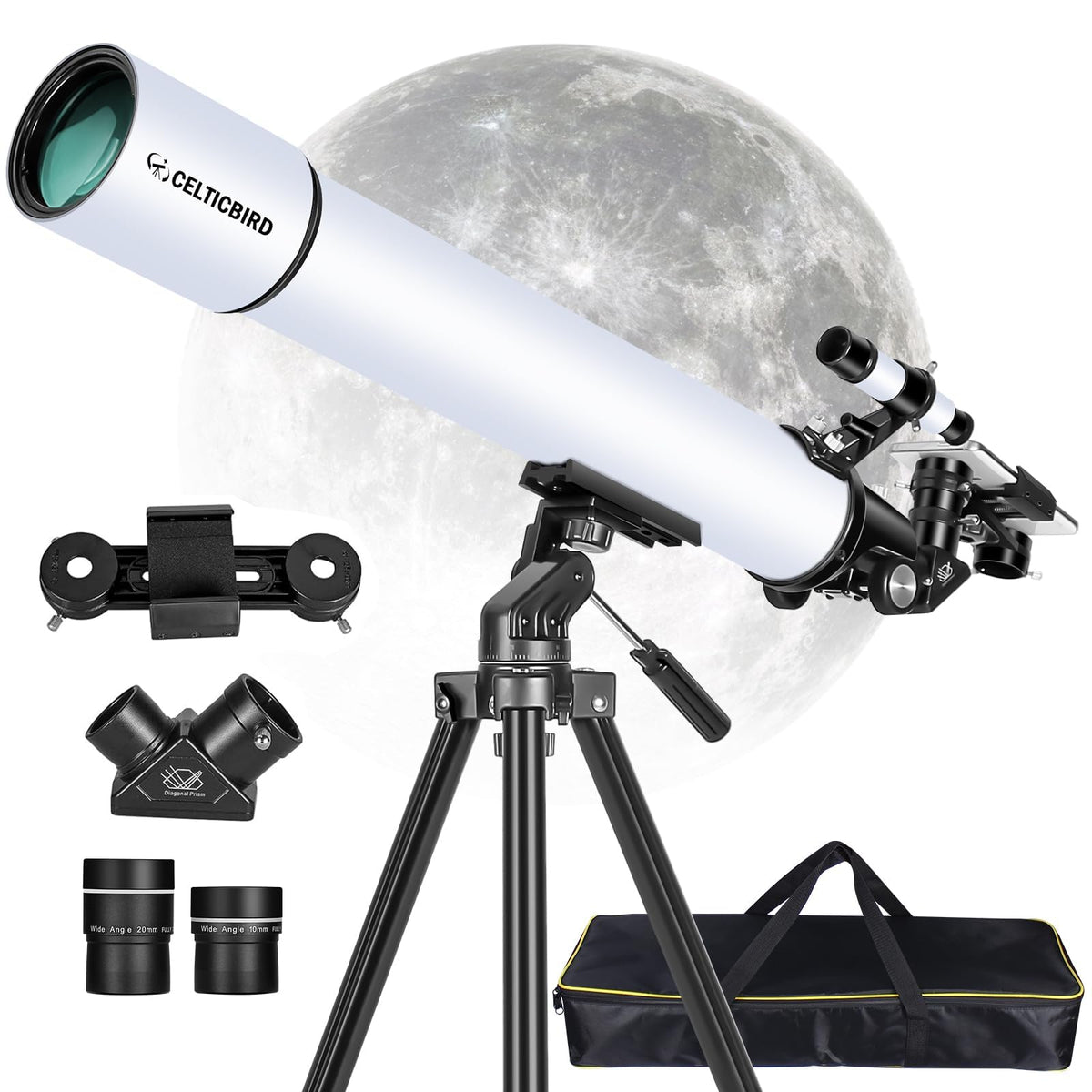 Celticbird 80mm refractor telescope front view for clear celestial views.