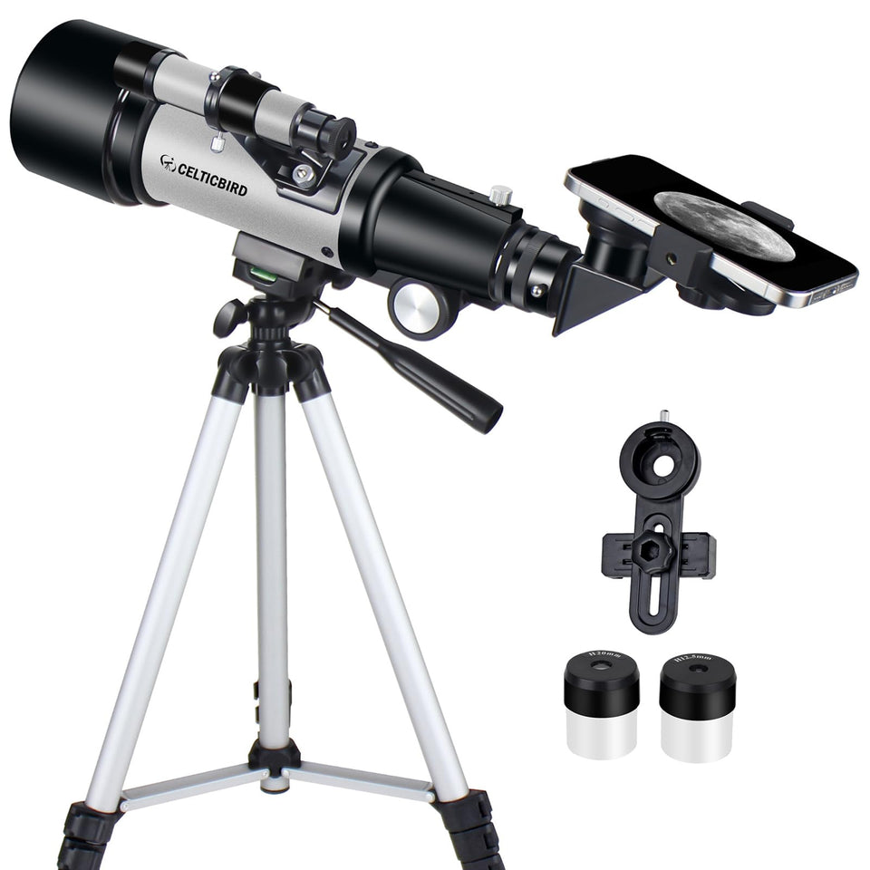 CELTICBIRD telescope front view showing compact travel-ready optical tube and mount for clear exploration