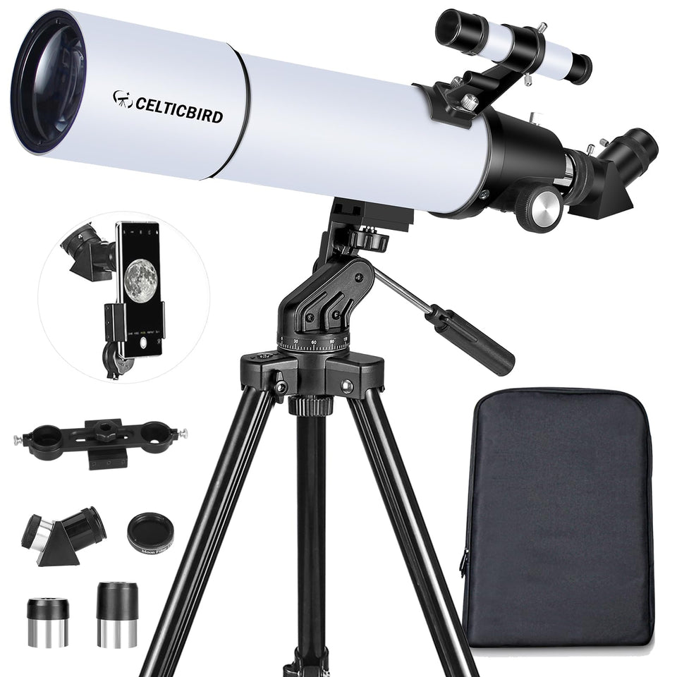 Celticbird telescope 80mm-aperture for brighter night sky views.