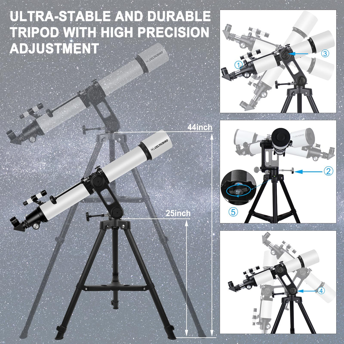 CELTICBIRD sturdy tripod keeps the telescope steady on uneven ground.