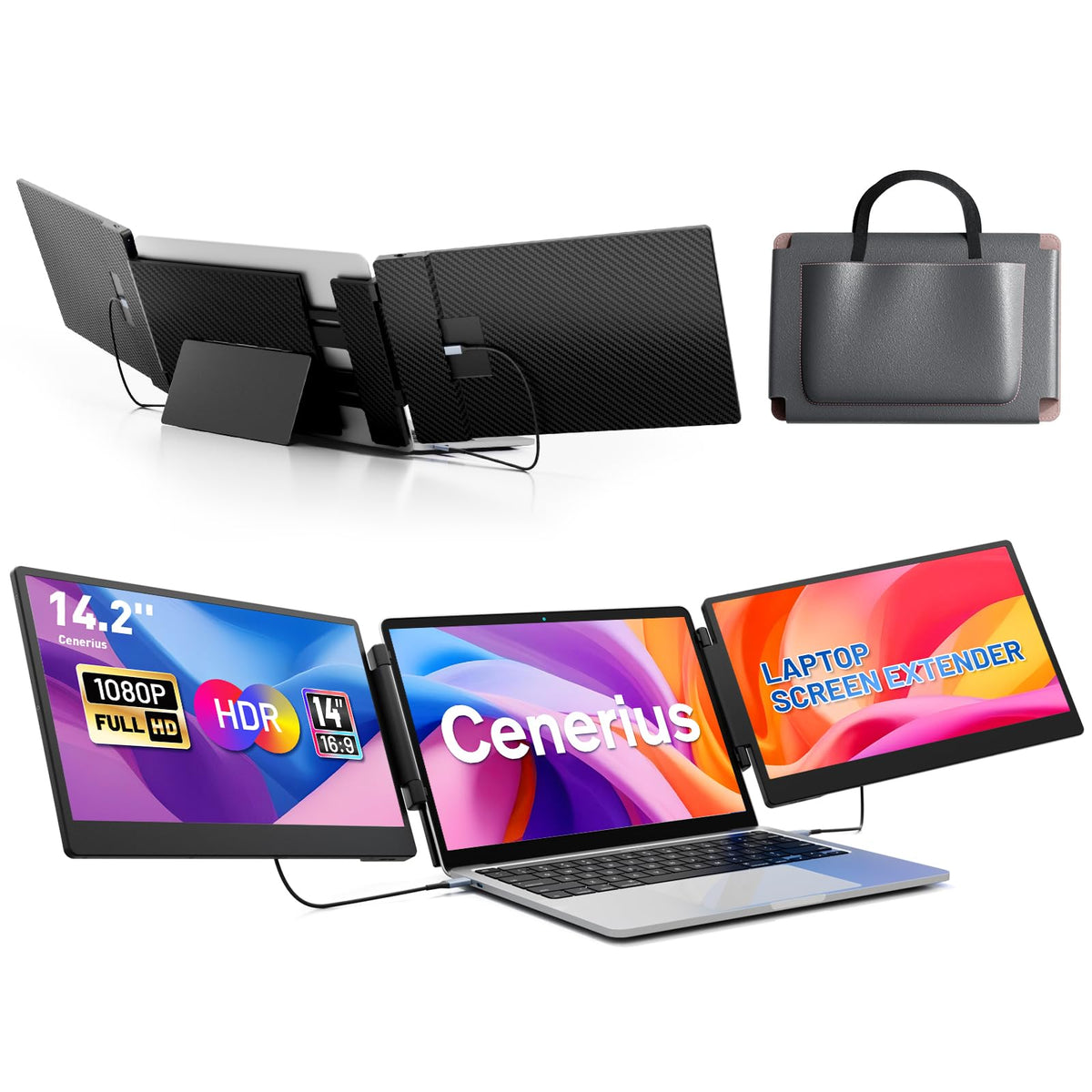 Cenerius 14.2-inch laptop screen extender front view shows portable dual-display setup for productivity.