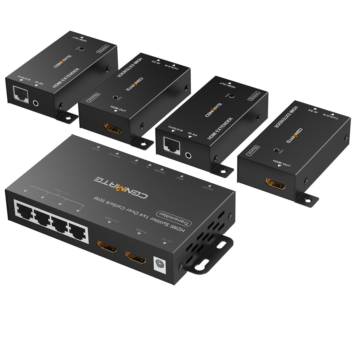 Cenmate 1x4 HDMI extender with transmitter and receivers for multi-room display.